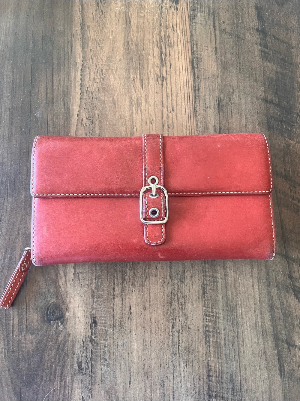 Vintage Coach Red Leather Checkbook Wallet Buckle Strap
